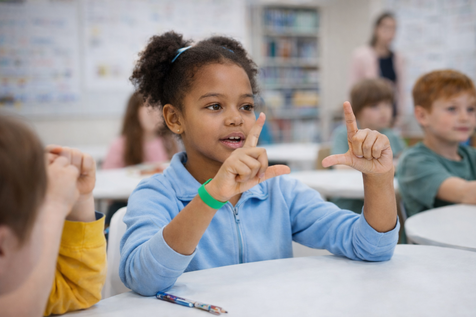 A child working out an answer on her fingers during a mental maths class